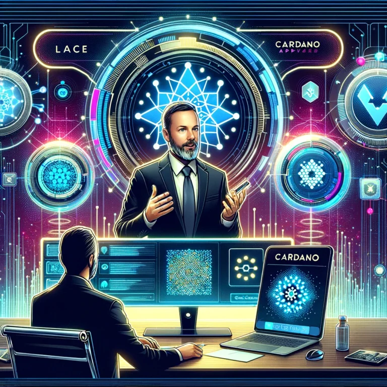 DALL·E 2025-01-05 17.34.03 - A detailed and futuristic digital art depiction of a Cardano Lace Wallet update announcement by Charles Hoskinson. The scene features Charles in a pro