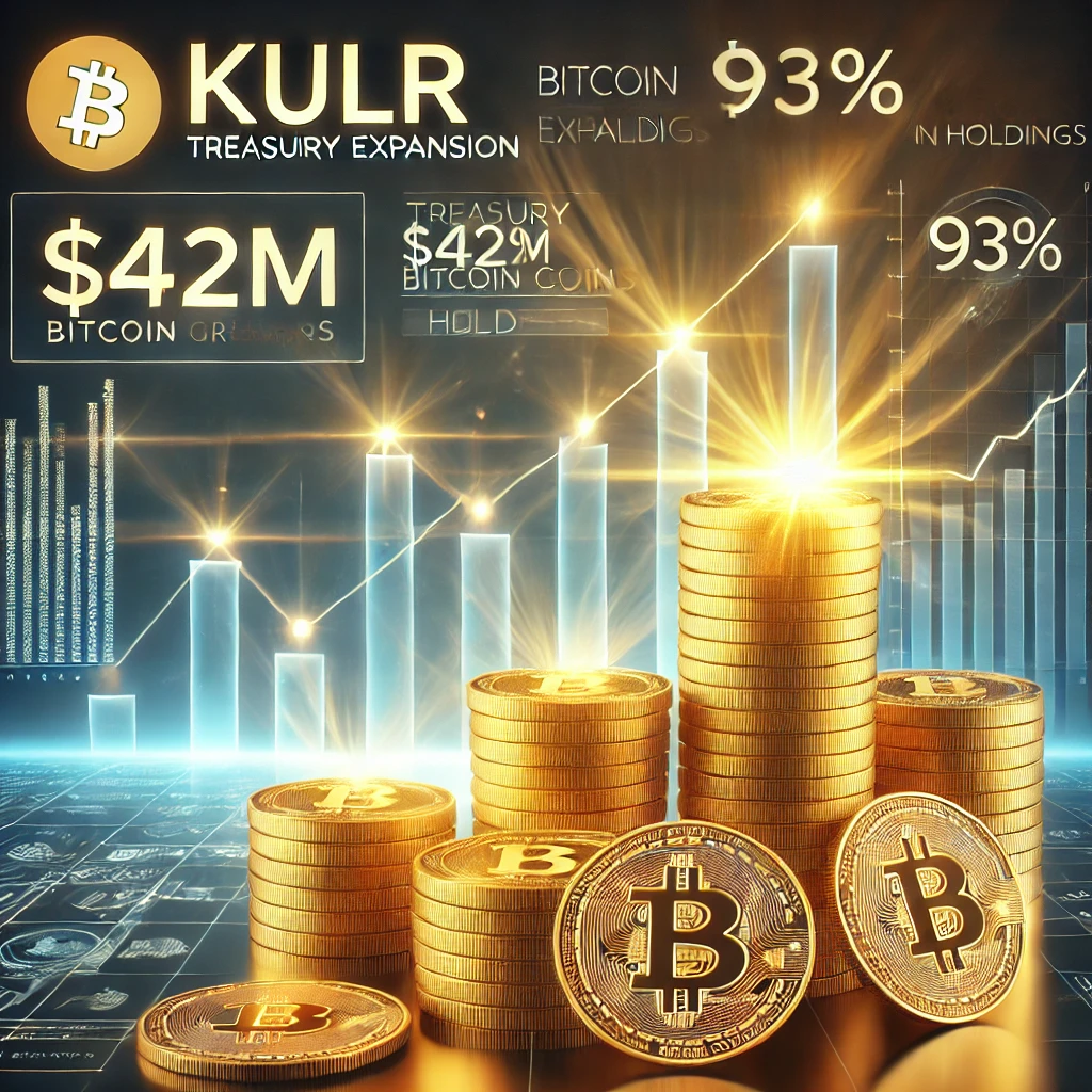 DALL·E 2025-01-06 17.58.15 - A futuristic illustration of Bitcoin growth and treasury expansion, featuring stacks of golden Bitcoin coins rising high, representing $42M in holding