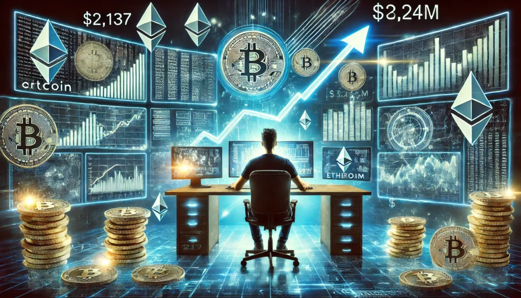 DALL·E 2025-01-06 18.12.28 - A dynamic and dramatic digital art piece illustrating a cryptocurrency trader's success story. The image features a person sitting at a futuristic com