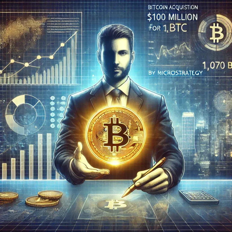 DALL·E 2025-01-06 19.23.43 - An illustration of a Bitcoin acquisition by MicroStrategy. Depict a corporate executive figure in a futuristic office setting, holding a symbolic larg