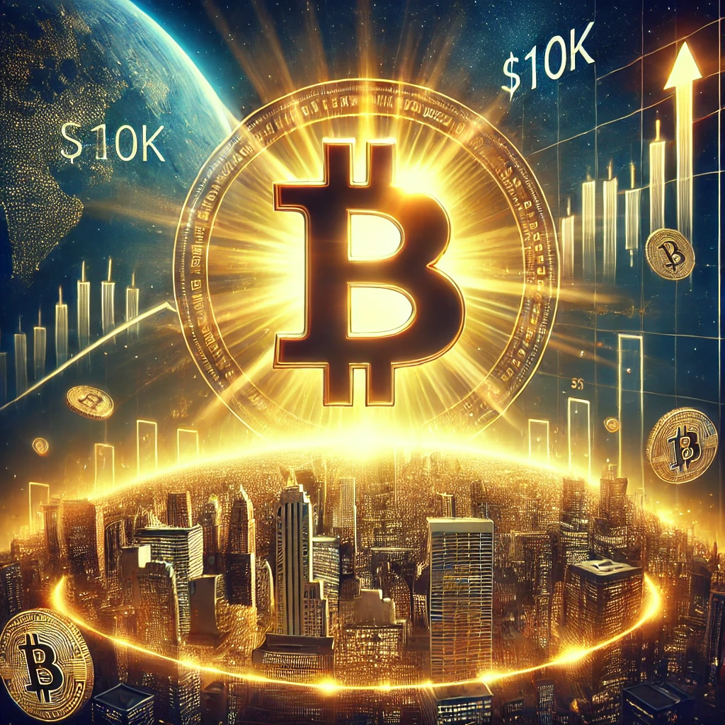 DALL·E 2025-01-06 20.12.42 - A powerful illustration representing Bitcoin's surge to $110K. Display a glowing Bitcoin symbol rising like a sun over a futuristic cityscape with fin