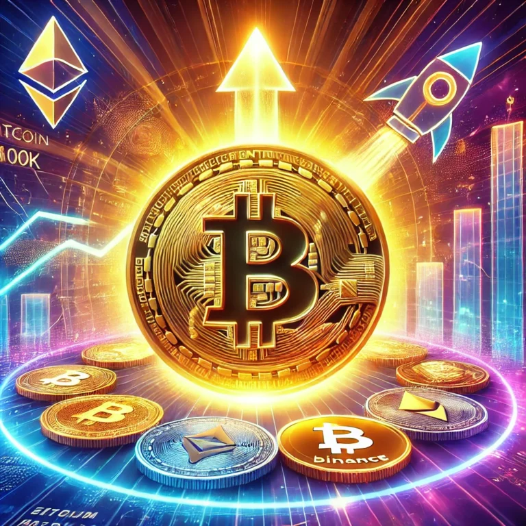 DALL·E 2025-01-07 10.42.45 - A dynamic and vibrant digital illustration of the cryptocurrency market on January 7. The image highlights a bullish market with Bitcoin (BTC) promine