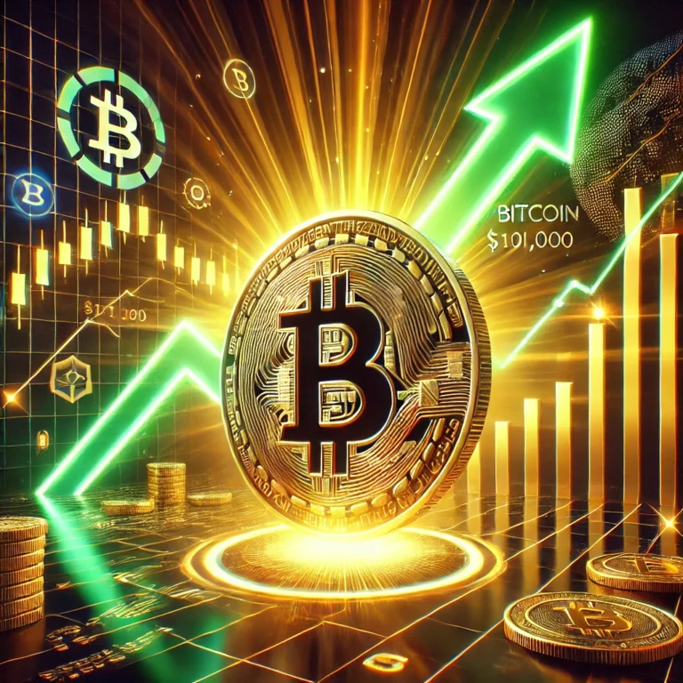 DALL·E 2025-01-07 10.51.22 - A futuristic and dynamic digital illustration representing Bitcoin's price surge to $101,000, with a golden Bitcoin coin prominently displayed in the