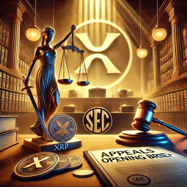 DALL·E 2025-01-07 10.57.46 - A visually striking illustration representing the XRP lawsuit and SEC appeals process. The image shows a dramatic courtroom setting with symbolic elem