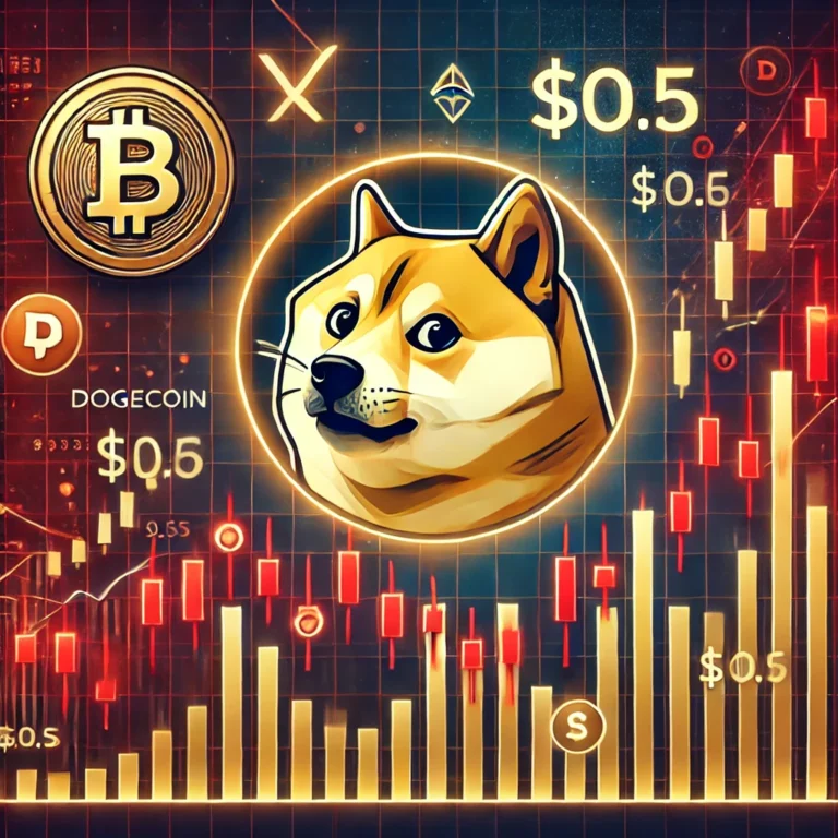 DALL·E 2025-01-07 11.01.43 - A visually compelling illustration of Dogecoin's price movement potential, featuring a stylized Dogecoin logo in the center surrounded by bullish and