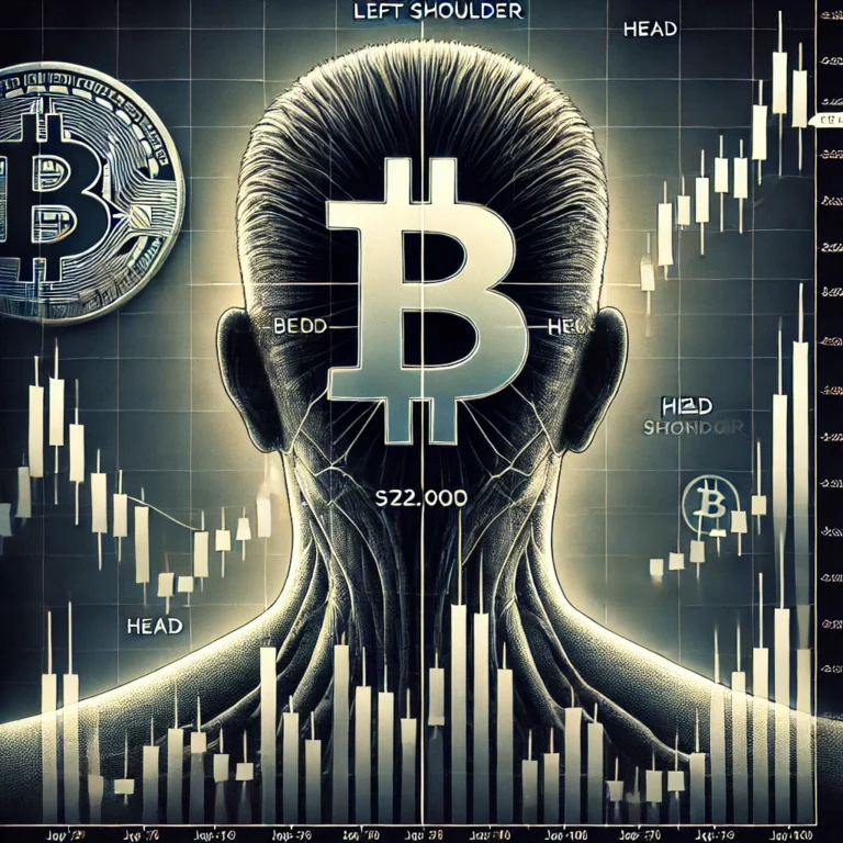 DALL·E 2025-01-08 13.13.00 - A visually detailed chart illustrating a bearish head-and-shoulders pattern in Bitcoin price movement. The chart shows a price decline with three peak