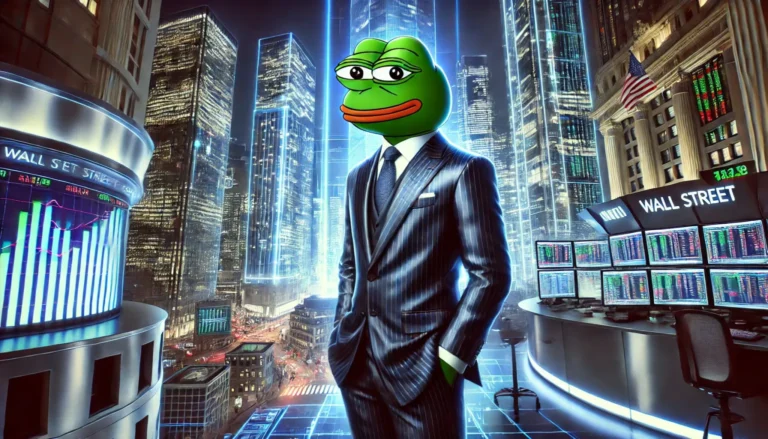 DALL·E-2025-01-09-12.03.24-A-futuristic-scene-featuring-Pepe-the-Frog-in-a-sleek-Wall-Street-setting.-Pepe-is-dressed-in-a-sharp-tailored-business-suit-confidently-standing-in