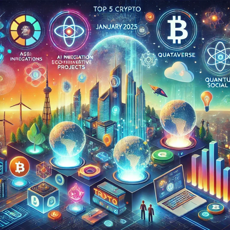 DALL·E 2025-01-09 18.53.13 - An engaging digital illustration showcasing the top 5 crypto presales of January 2025, featuring futuristic themes. The image should include visual re