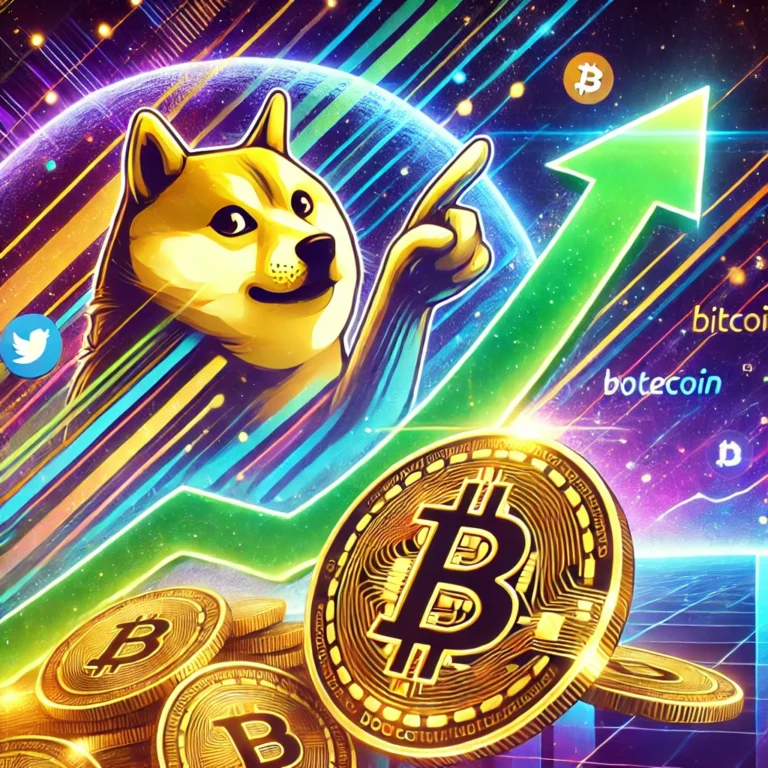 DALL·E 2025-01-09 19.02.33 - A futuristic and vibrant digital illustration showcasing Dogecoin surpassing Bitcoin in market growth, symbolized by a Dogecoin logo soaring past a Bi