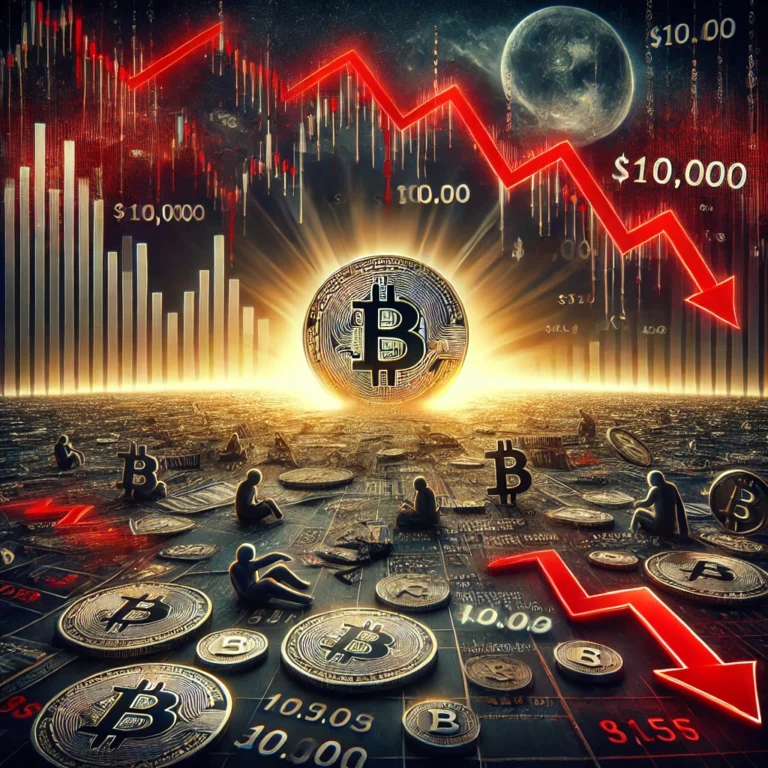 DALL·E 2025-01-09 19.37.18 - A dramatic digital illustration depicting Bitcoin's price crash below $100,000. The image shows a Bitcoin symbol in freefall, surrounded by a chaotic