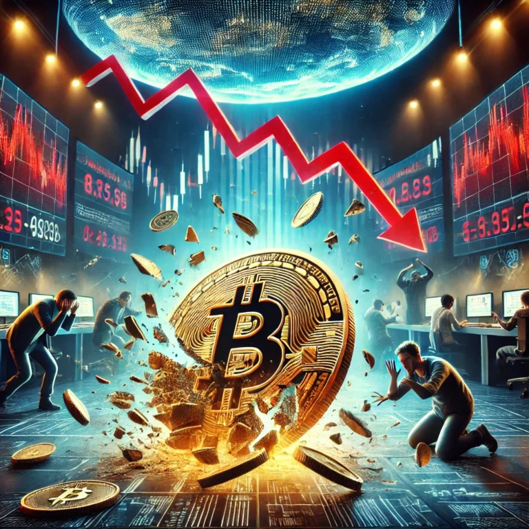 DALL·E 2025-01-09 19.42.34 - A dramatic depiction of a Bitcoin price crash scenario. The scene shows a large Bitcoin coin shattering into smaller fragments as it falls, symbolizin