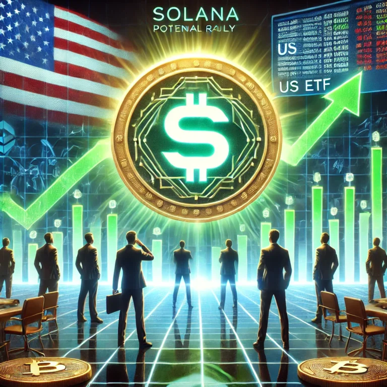 DALL·E 2025-01-09 19.50.14 - A futuristic and dynamic visual representation of Solana's potential rally influenced by US ETF developments. The scene features Solana's logo promine