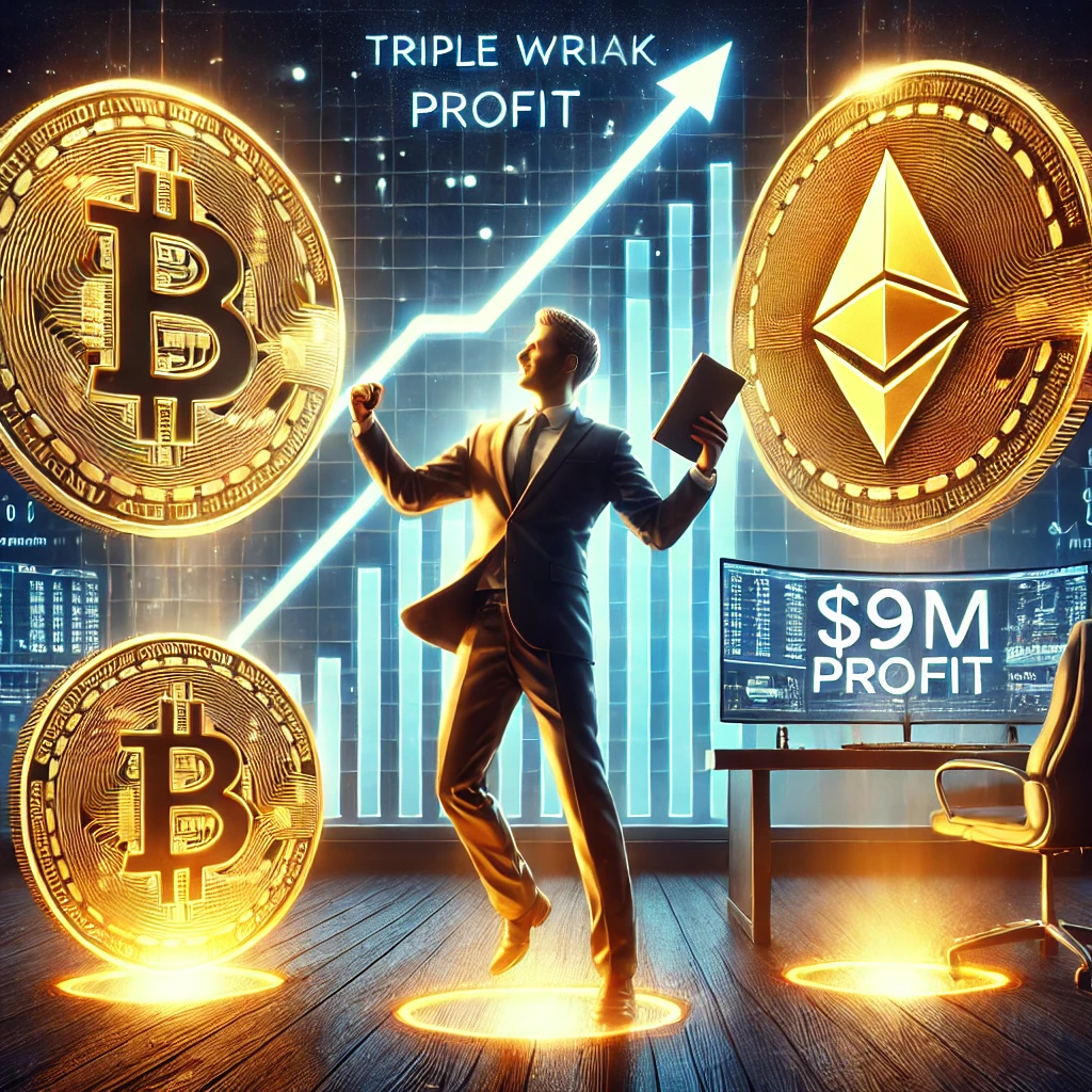 DALL·E 2025-01-11 12.13.11 - A captivating illustration depicting a successful crypto investor celebrating a triple win streak. The investor is in a sleek, modern office with a fu