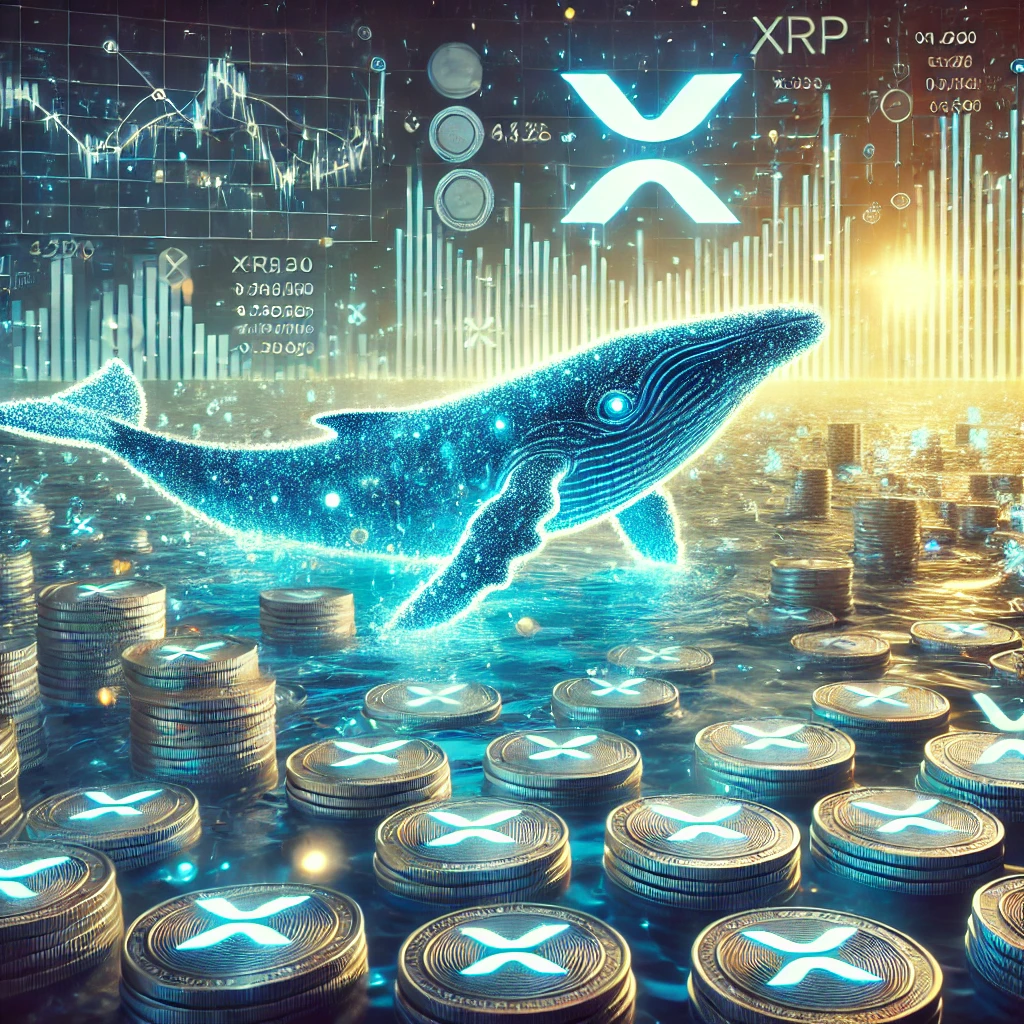 DALL·E 2025-01-11 12.31.29 - A visually striking digital illustration representing the recent surge in XRP whale activity. The scene shows massive digital whales swimming through