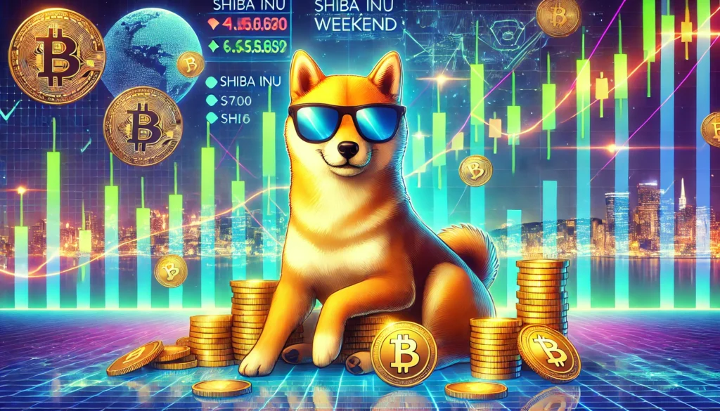 DALL·E 2025-01-11 13.19.15 - A vibrant and modern digital illustration representing Shiba Inu (SHIB) cryptocurrency weekend price prediction. The image features a Shiba Inu dog we