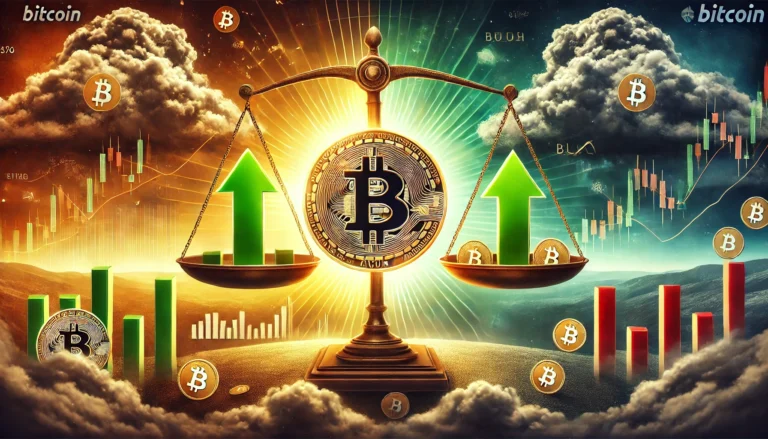 DALL·E 2025-01-11 13.23.26 - A dramatic and modern digital illustration depicting Bitcoin's market sentiment turning neutral. The scene features a Bitcoin coin in the center, surr