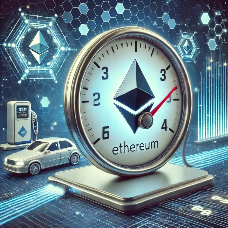 DALL·E 2025-01-11 13.29.34 - A digital illustration of the concept of Ethereum gas fees, featuring an Ethereum logo integrated with a fuel gauge or gas station theme. The scene in