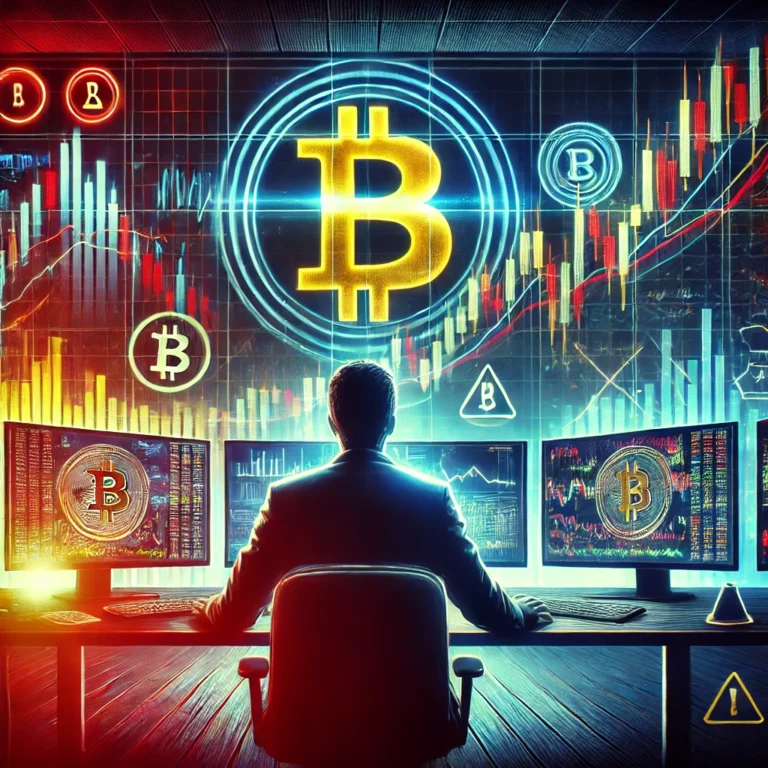 DALL·E 2025-01-11 13.33.46 - A dramatic digital illustration of a Bitcoin trader looking at multiple monitors displaying charts with sharp peaks and drops. The scene includes a te