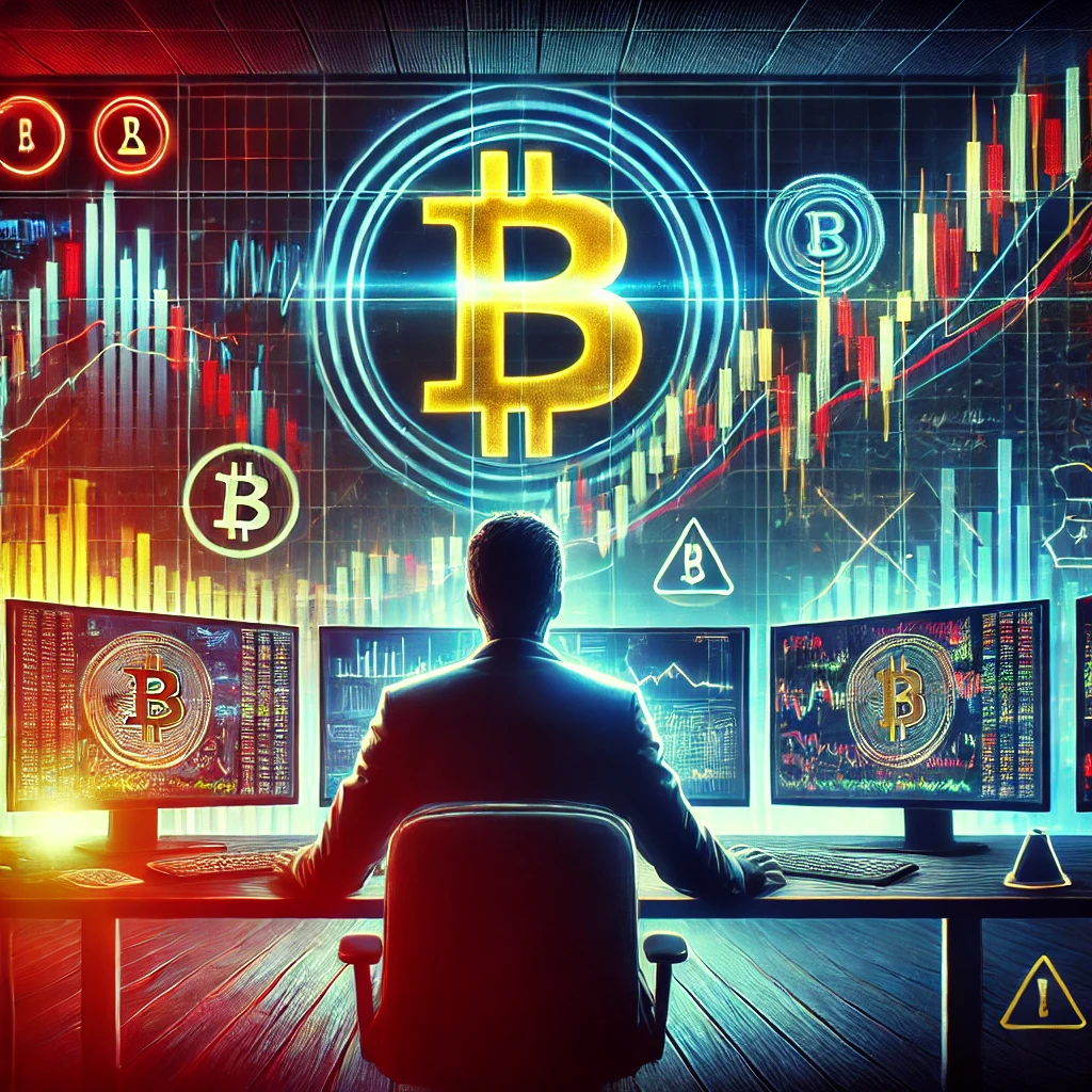 DALL·E 2025-01-11 13.33.46 - A dramatic digital illustration of a Bitcoin trader looking at multiple monitors displaying charts with sharp peaks and drops. The scene includes a te