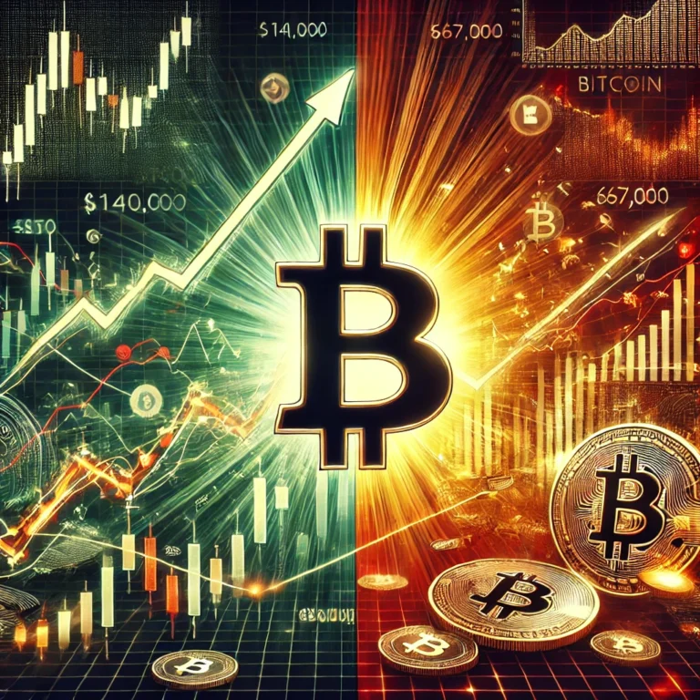 DALL·E 2025-01-12 15.24.20 - A dynamic digital illustration showing a split scenario for Bitcoin's price movement. On the left side, a bullish chart with Bitcoin reaching $140,000