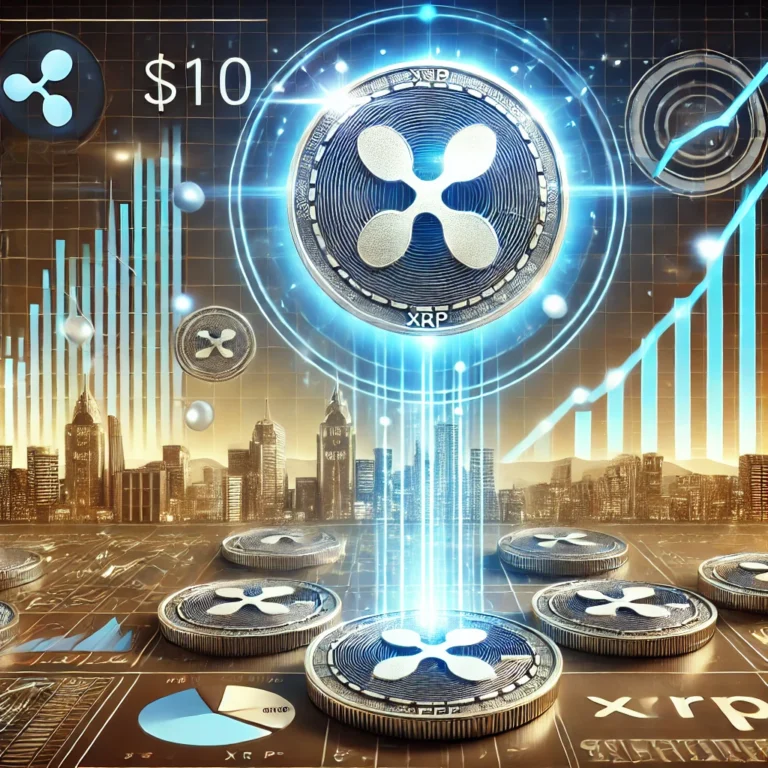 DALL·E 2025-01-12 15.26.54 - A detailed digital illustration representing the potential rise of XRP to $100. The image shows XRP tokens symbolized by glowing silver and blue coins