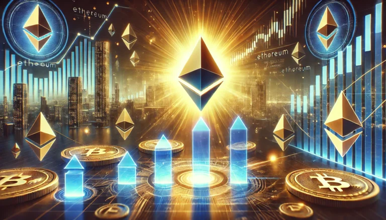 DALL·E 2025-01-12 15.39.16 - A futuristic and dynamic concept art illustrating Ethereum's potential rise to $7,000. The image features a glowing Ethereum logo ascending amidst dig