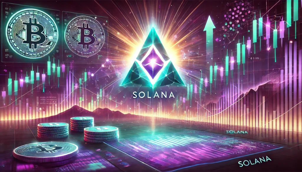 DALL·E 2025-01-12 15.42.35 - An artistic representation of Solana's market dynamics, featuring a glowing Solana logo with price charts forming a descending triangle in the backgro