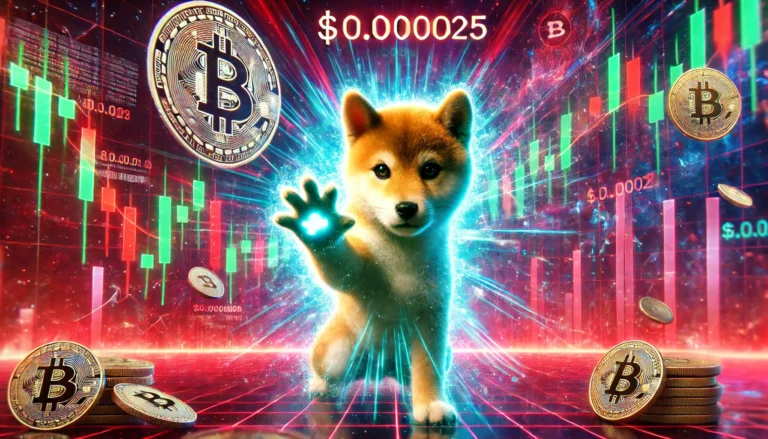 DALL·E 2025-01-12 15.58.02 - An artistic representation of the Shiba Inu cryptocurrency's price struggles. The image features a Shiba Inu dog looking determined but blocked by a m