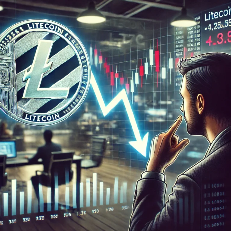 DALL·E 2025-01-13 18.16.51 - A digital artwork depicting a bearish cryptocurrency market focused on Litecoin (LTC). The image features a graph showing a downward trend with Liteco