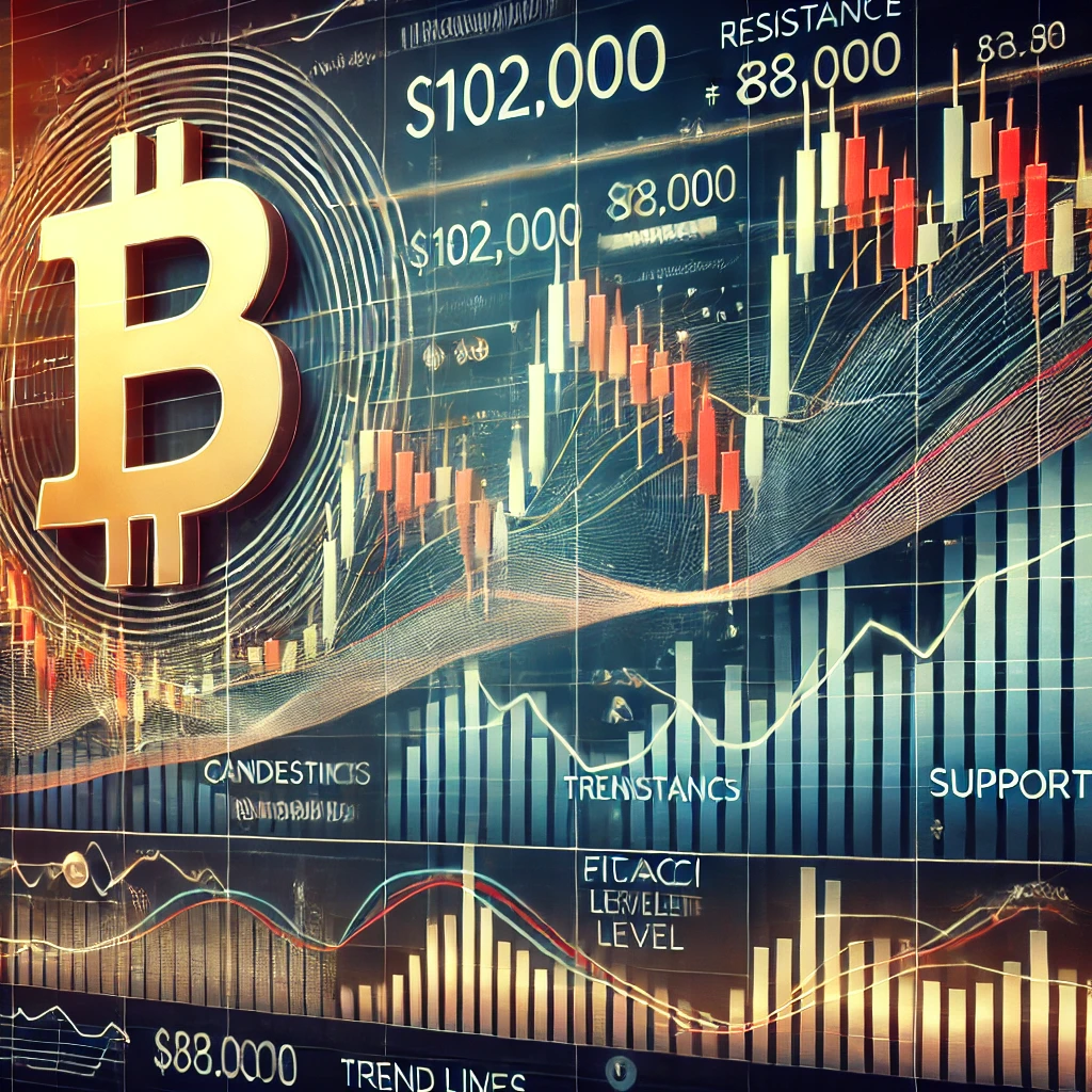 DALL·E 2025-01-13 18.34.33 - A financial chart showing the Bitcoin price movement with a focus on a significant resistance at $102,000 and a support level at $88,000. The chart sh