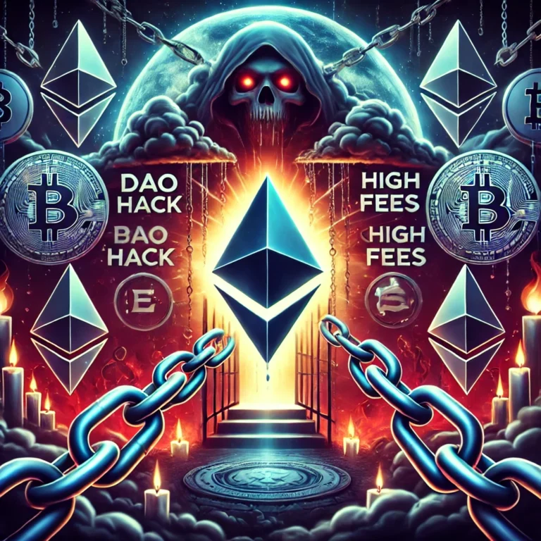 DALL·E 2025-01-13 18.42.39 - A dramatic cryptocurrency-themed illustration featuring Ethereum represented as a haunted coin surrounded by dark clouds, chains, and symbolic challen