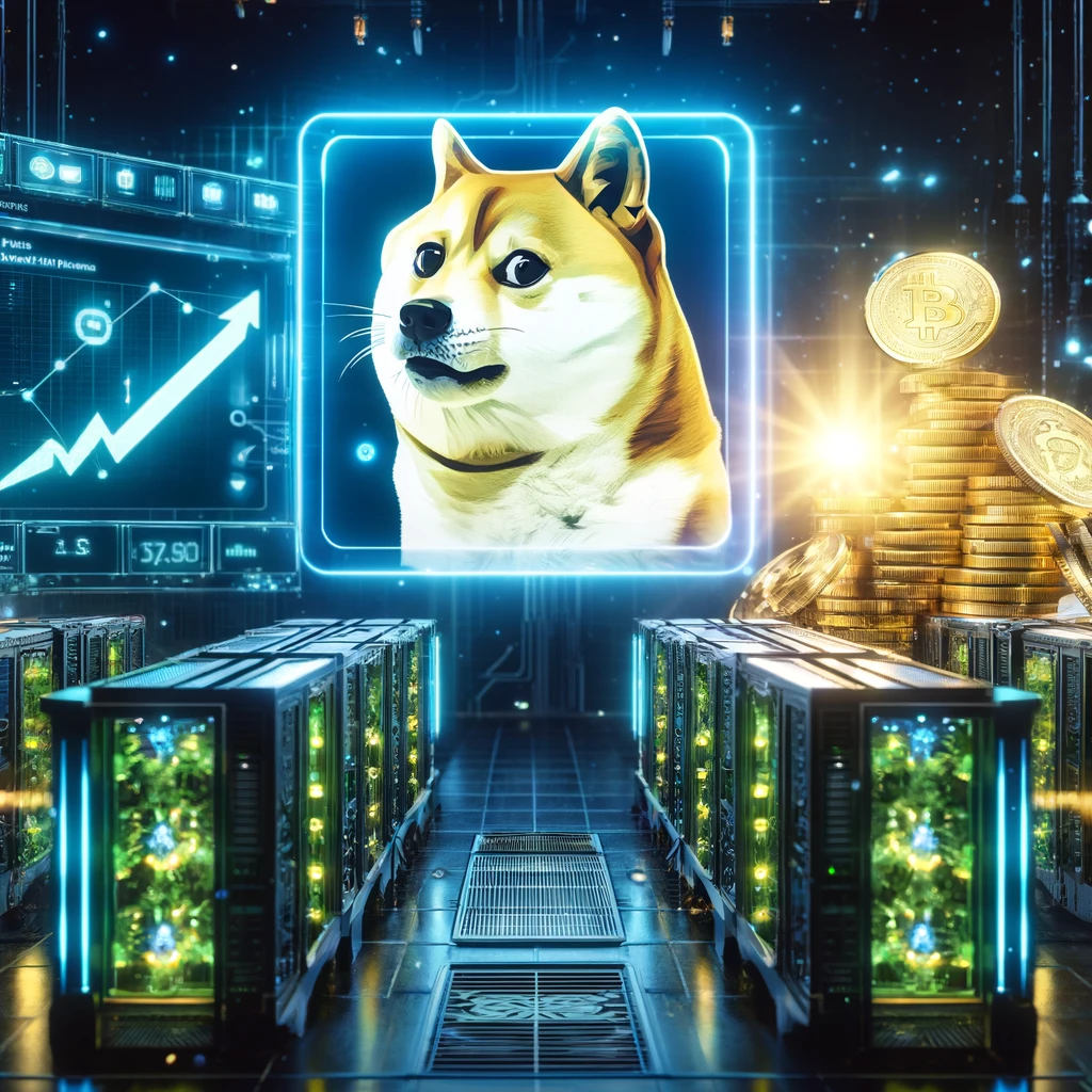 DALL·E 2025-01-13 18.49.22 - An eye-catching digital illustration depicting cryptocurrency mining with a focus on Dogecoin (DOGE). The scene shows futuristic mining rigs in a high