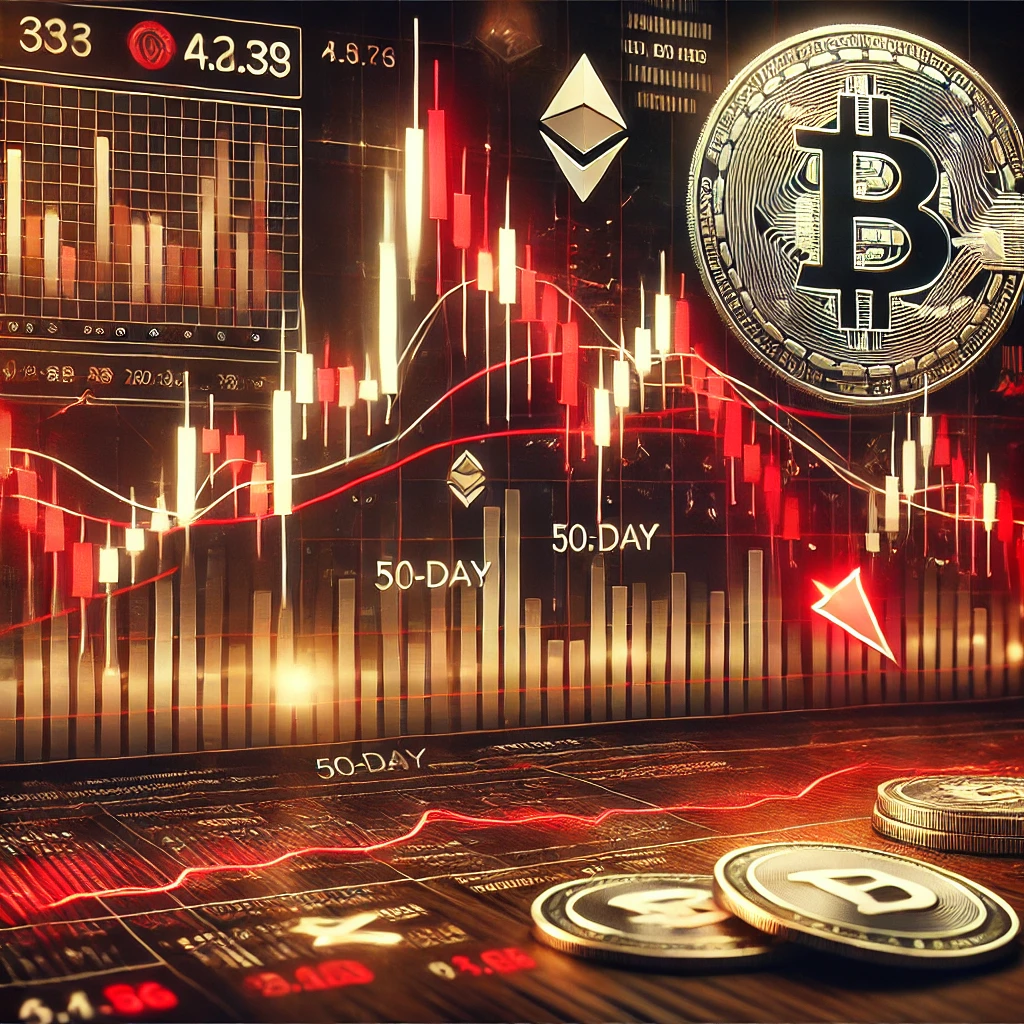 DALL·E 2025-01-13 18.58.45 - A financial chart depicting a bearish trend with a focus on the SUI cryptocurrency. The chart features a downward-sloping price line breaking below a