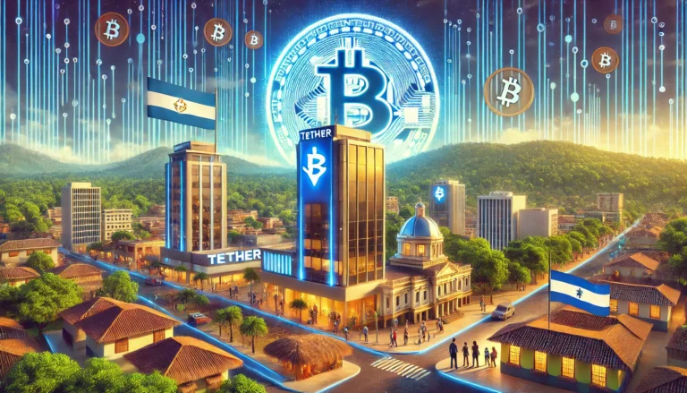 DALL·E 2025-01-13 19.08.04 - A modern depiction of El Salvador as the 'Bitcoin Nation,' showing a skyline with a mix of traditional Salvadoran architecture and futuristic cryptocu