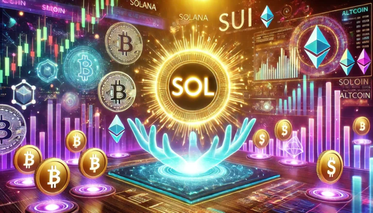 DALL·E 2025-01-13 19.12.15 - A vibrant and futuristic depiction of the cryptocurrency market, featuring Solana and SUI as central elements. The image includes glowing logos of Sol