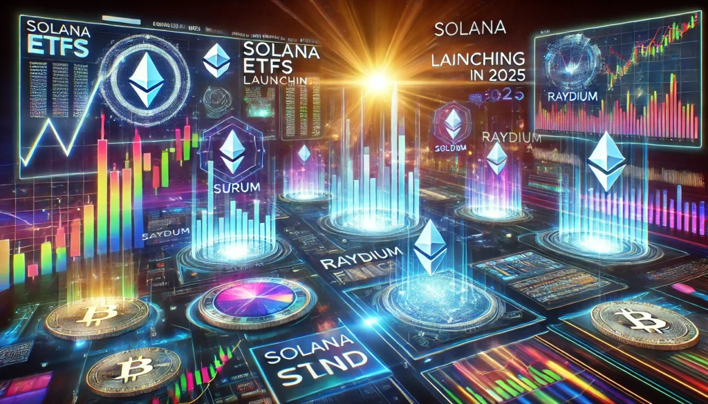 DALL·E 2025-01-14 11.05.04 - A futuristic financial-themed illustration of Solana ETFs launching in 2025, showcasing a dynamic and vibrant cryptocurrency ecosystem with interconne