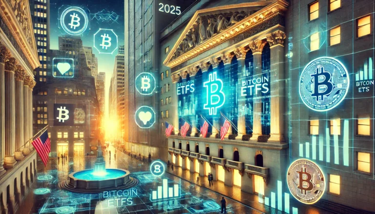 DALL·E 2025-01-14 11.16.57 - A futuristic illustration of the US financial landscape in 2025, highlighting Bitcoin ETFs. The scene features a vibrant stock exchange with digital B