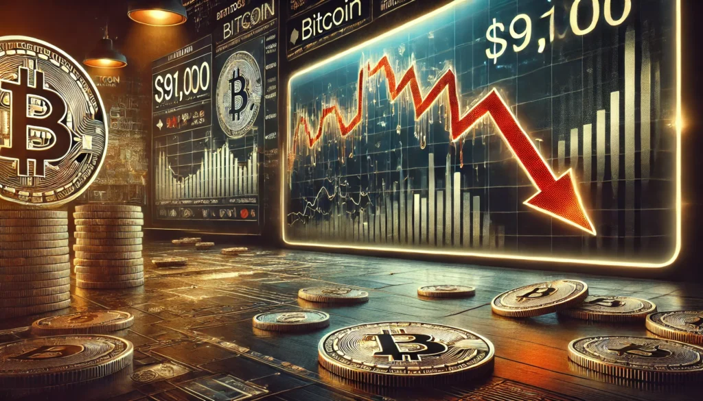 DALL·E 2025-01-14 11.21.47 - A dramatic financial-themed illustration depicting Bitcoin slipping below $91,000. The scene includes a downward-trending Bitcoin chart displayed on f