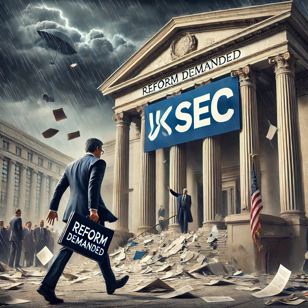 DALL·E 2025-01-14 11.29.01 - A symbolic depiction of Gary Gensler leaving an office labeled 'US SEC' in a disgraced manner, with stormy clouds overhead, torn papers scattered on t