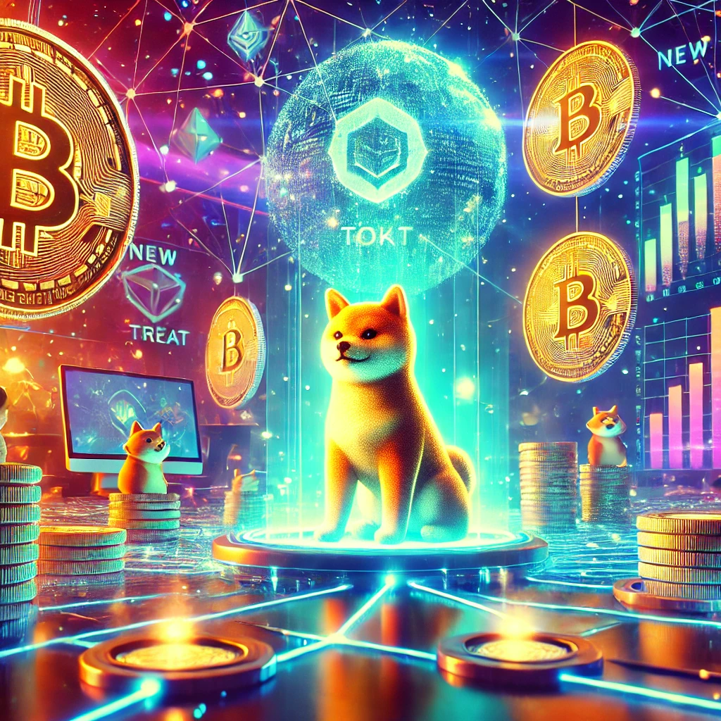 DALL·E 2025-01-14 11.32.50 - A futuristic digital art representation of Shiba Inu cryptocurrency surrounded by glowing blockchain networks and the new TREAT token symbol prominent