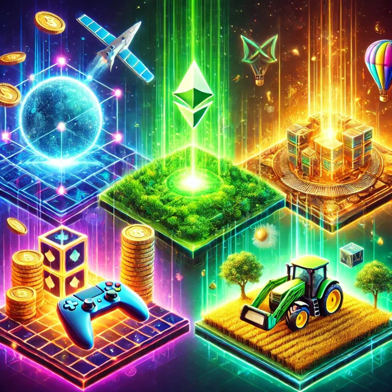 DALL·E 2025-01-14 18.33.00 - A vibrant and futuristic depiction of four cryptocurrency projects in their presale phase. Each project is represented by its unique theme_ a metavers