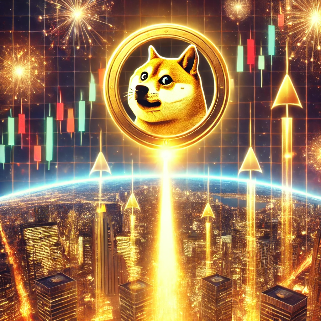 DALL·E 2025-01-14 18.39.00 - A futuristic and vibrant digital artwork depicting the rise of Dogecoin in the cryptocurrency market. The scene shows a golden Dogecoin logo ascending