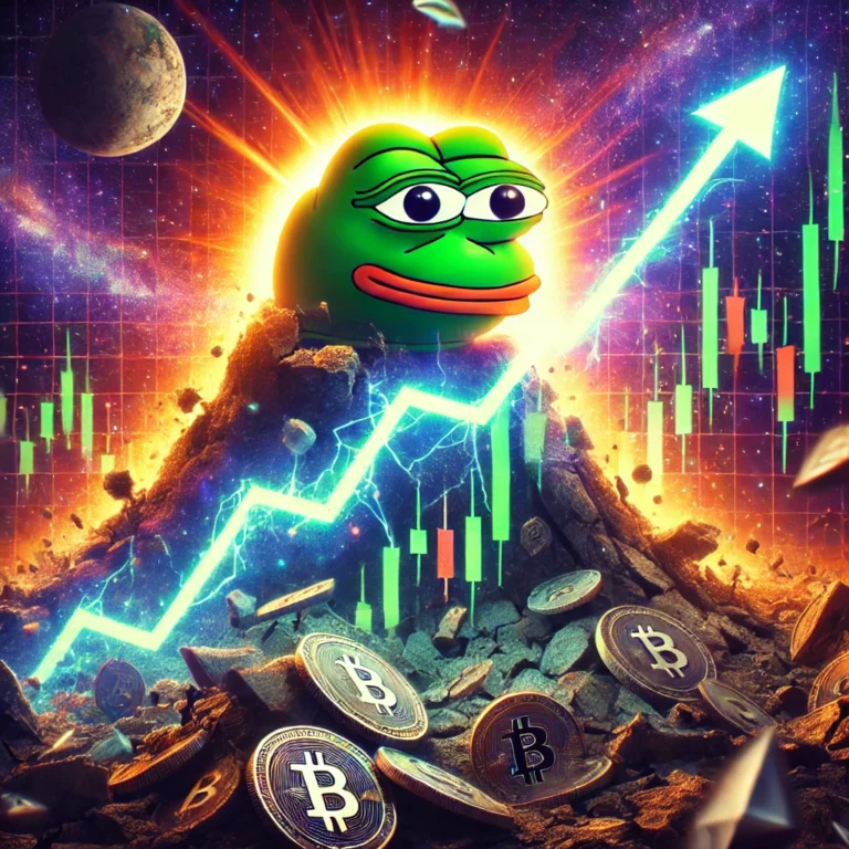 DALL·E 2025-01-14 18.45.55 - A vibrant and futuristic digital artwork illustrating the rise of PEPE cryptocurrency after a market crash. The image shows a green frog symbol (PEPE)