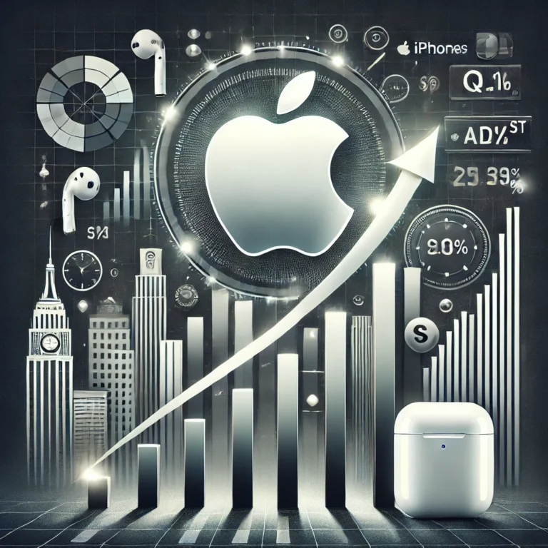 DALL·E 2025-01-14 20.16.39 - A professional and sleek illustration symbolizing Apple's Q1 revenue analysis. The image features a rising graph with the Apple logo at its peak, surr