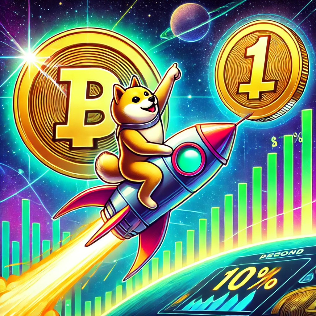 DALL·E 2025-01-14 22.19.03 - A vibrant and energetic illustration of Dogecoin reaching for the $1 milestone. The image features the iconic Dogecoin Shiba Inu mascot on a rocket fl