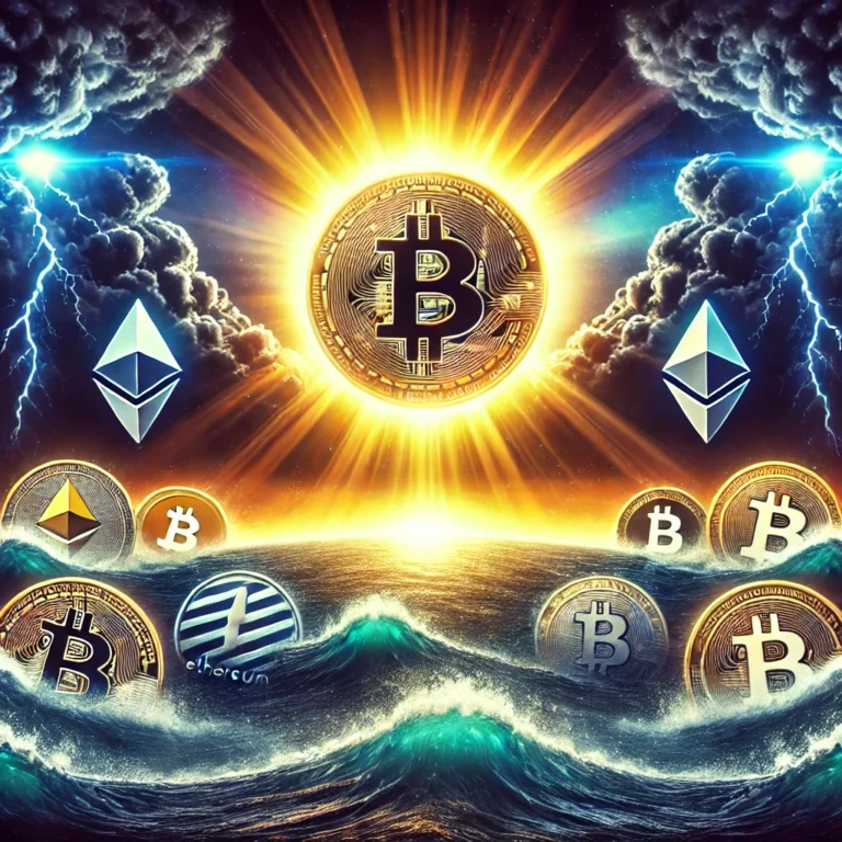 DALL·E 2025-01-15 09.45.13 - A dramatic image of a cryptocurrency market scene showing a glowing Bitcoin logo rising like the sun over a dark, stormy ocean filled with altcoin log