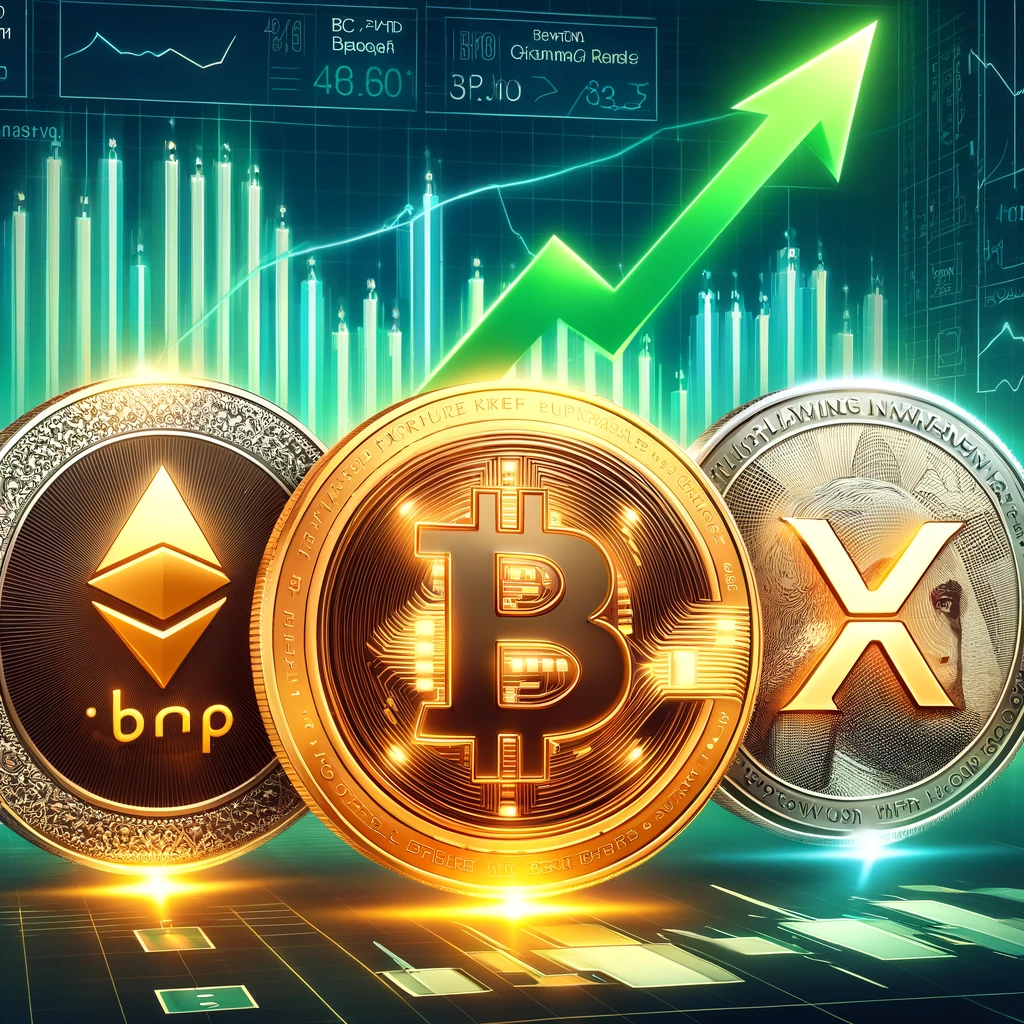 DALL·E 2025-01-15 10.00.09 - An engaging and dynamic digital illustration showing Bitcoin (BTC), XRP, and a fictional cryptocurrency (AIXBT) as coins with glowing, futuristic desi