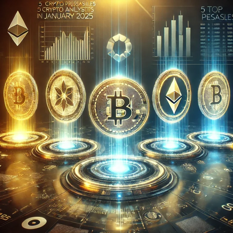 DALL·E 2025-01-15 10.11.27 - A futuristic, visually appealing digital artwork featuring five glowing cryptocurrency coins, each with unique designs, hovering in a high-tech settin