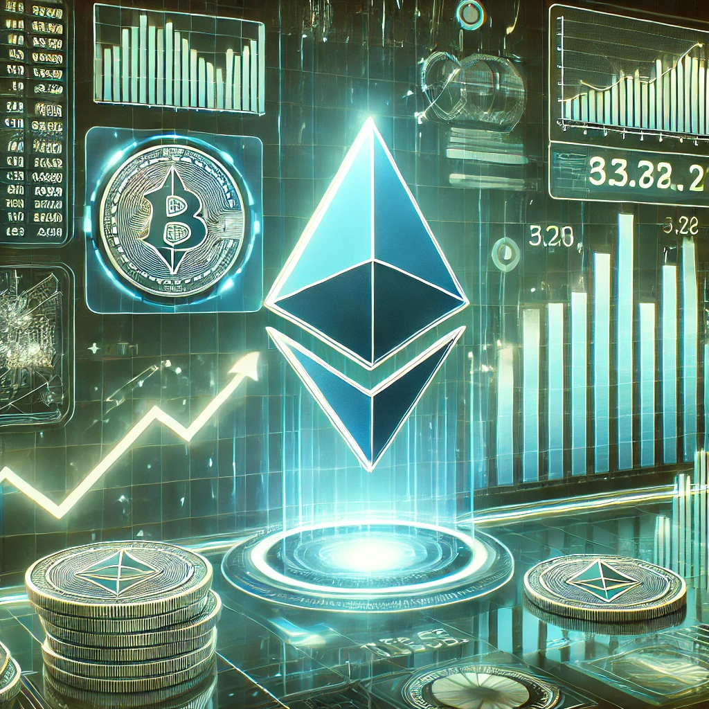 DALL·E 2025-01-15 10.16.13 - A high-tech financial illustration featuring the Ethereum logo prominently displayed with a digital chart showing a sharp dip followed by a strong upw