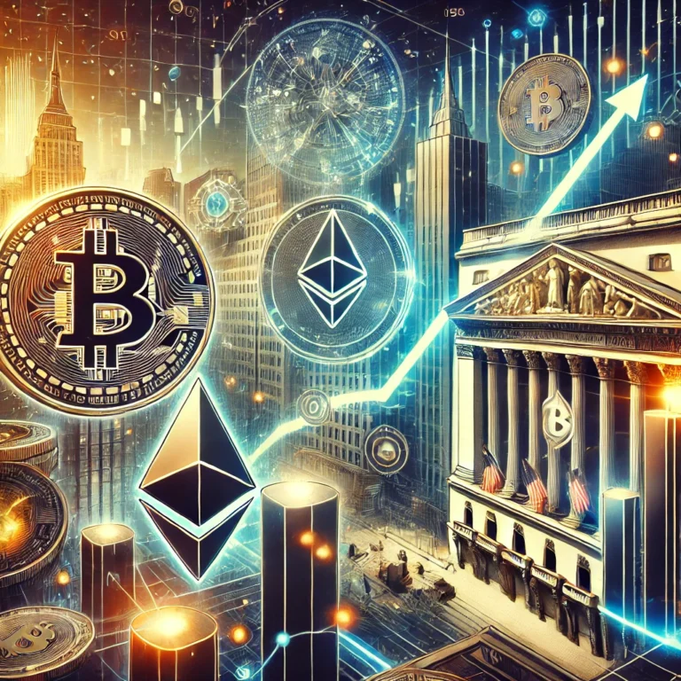 DALL·E 2025-01-15 10.48.43 - A visually striking digital illustration depicting a futuristic financial landscape with cryptocurrency symbols like Bitcoin and Ethereum, surrounded